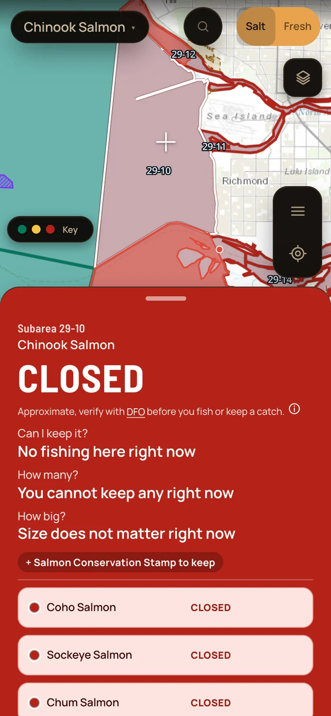 Catchable showing chinook salmon closed in subarea 29-10, with a keep limit of zero.